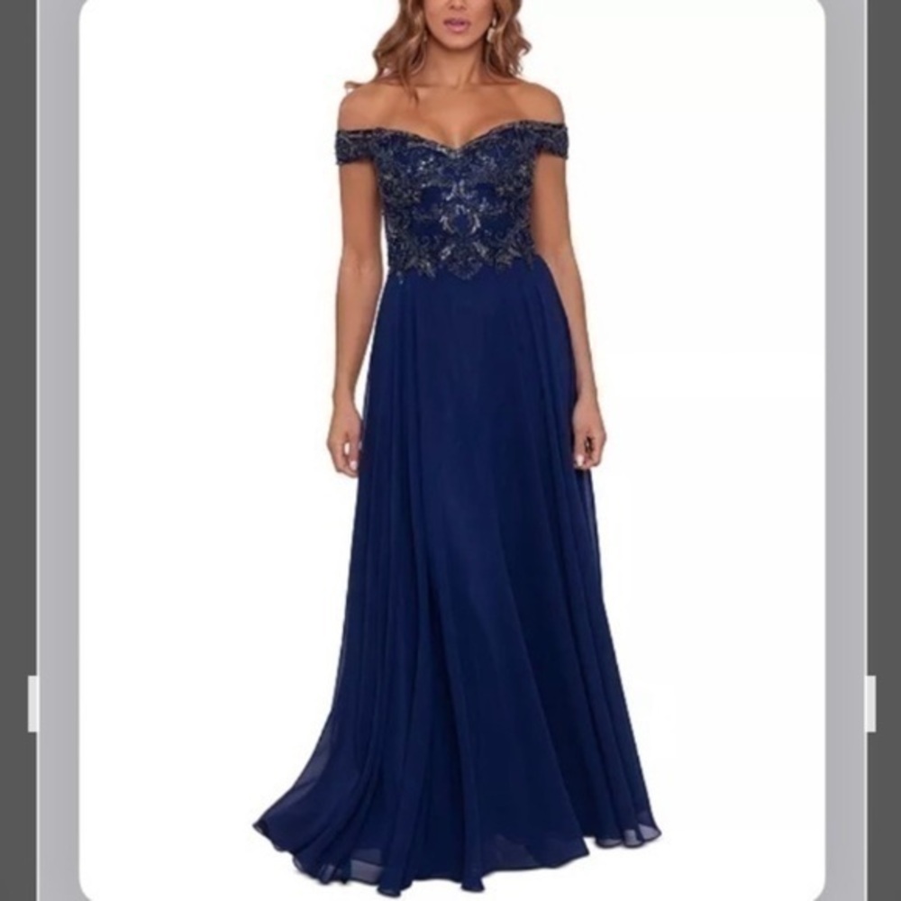 XSCAPE Chiffon Off-the-shoulder Beaded Gown in Navy